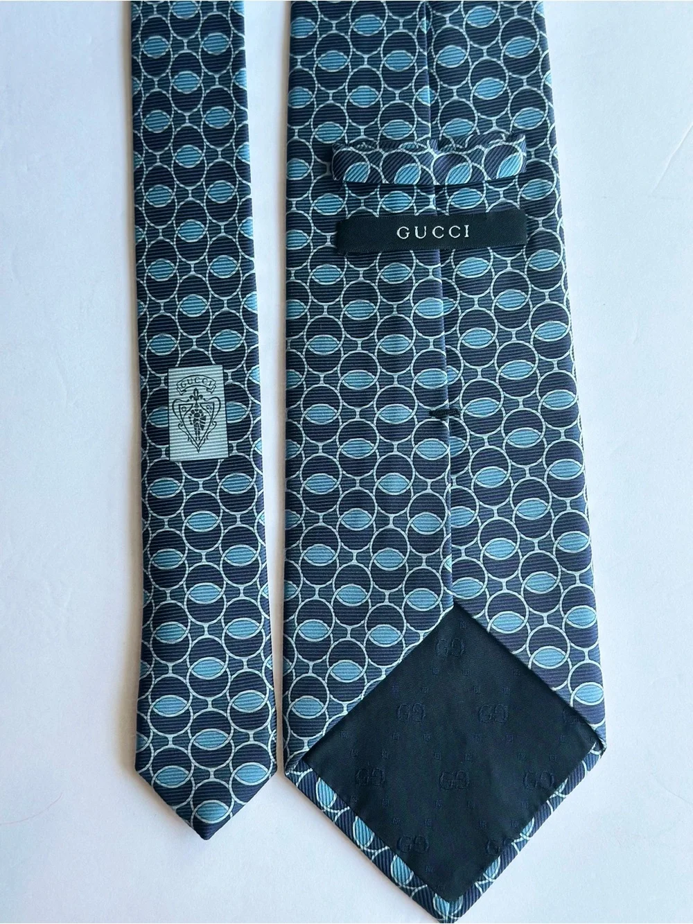 Gucci Mens Silk Tie Blue Geometric Circle Pattern Made In Italy Authentic